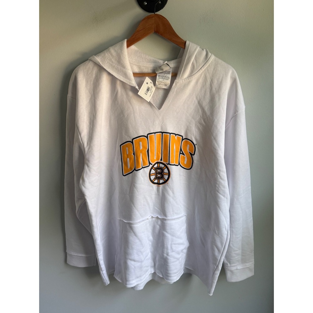 NHL Boston Bruins Womens White V-Neck‎ Hoodie Sweatshirt Large NWT